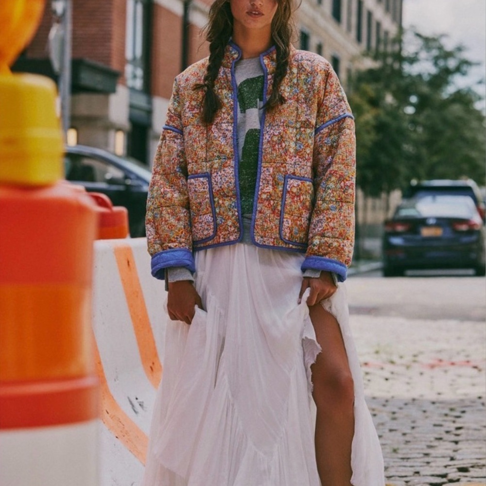 Free People Multicolor Quilted Jacket with Blue Trim